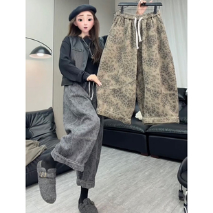 欧货豹纹时尚牛仔裤女秋季新款高腰显瘦阔腿气球裤宽松九分弯刀裤