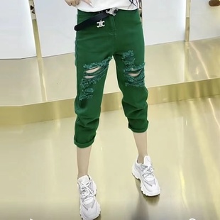 绿色显瘦百搭乞丐破洞牛仔裤 女潮ins高腰直筒夏新款 七八分小脚裤