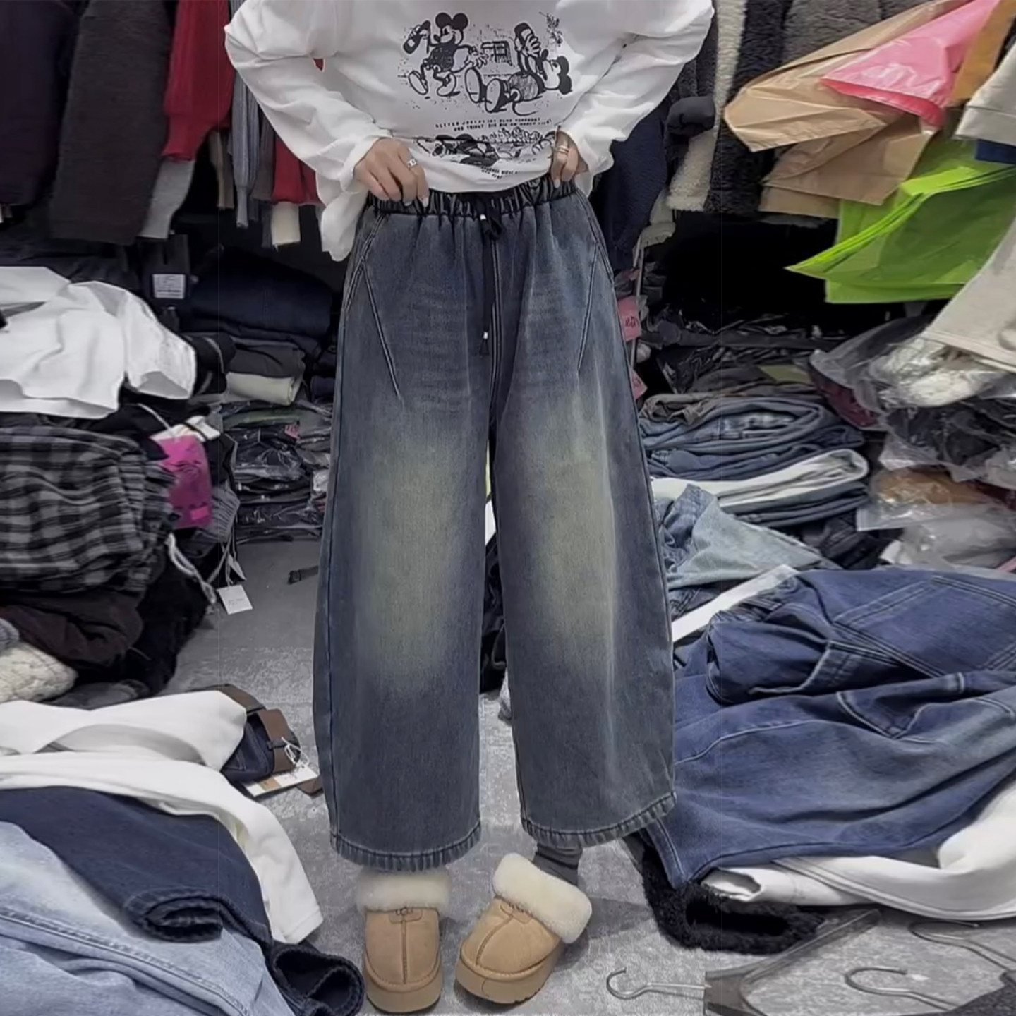 复古显瘦牛仔胯裤女春秋新款抽绳宽松阔腿直筒裤高腰九分哈伦裤潮,女装/女士精品,牛仔裤,淘宝优惠券,粉丝福利购,淘宝优惠卷