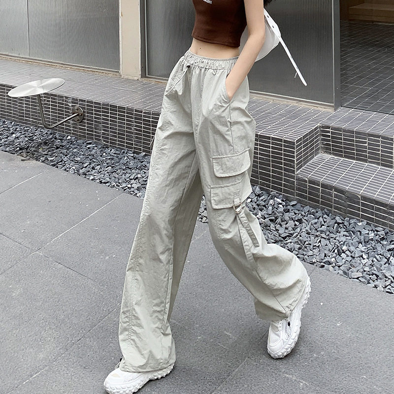 新款降落伞工装裤女夏季港风宽松抽绳阔腿可两穿休闲直筒卫裤女装
