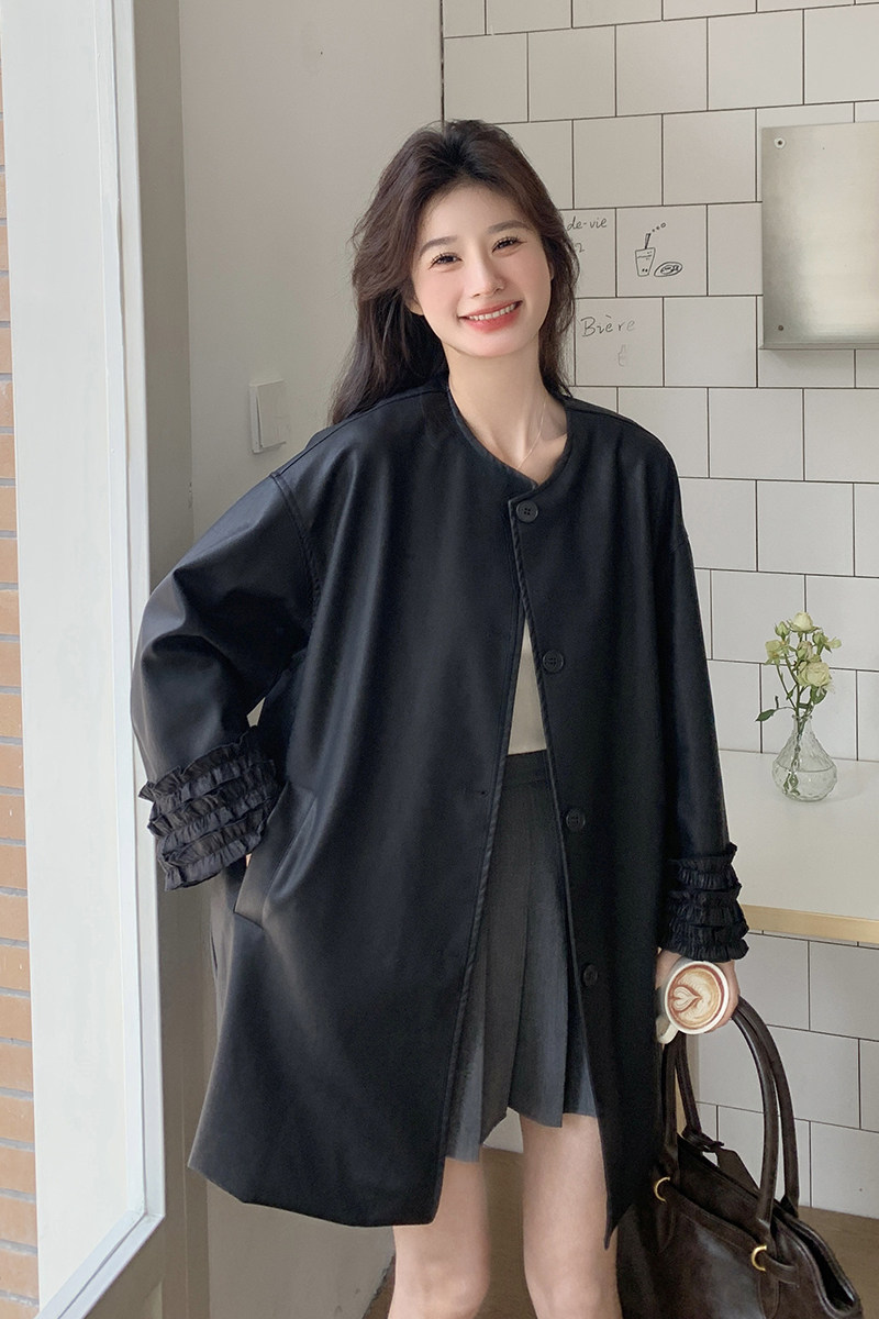 现货秋款木耳边拼接中长风衣款皮衣外套2C119-6106-P175-K258,女装短外套,2C119