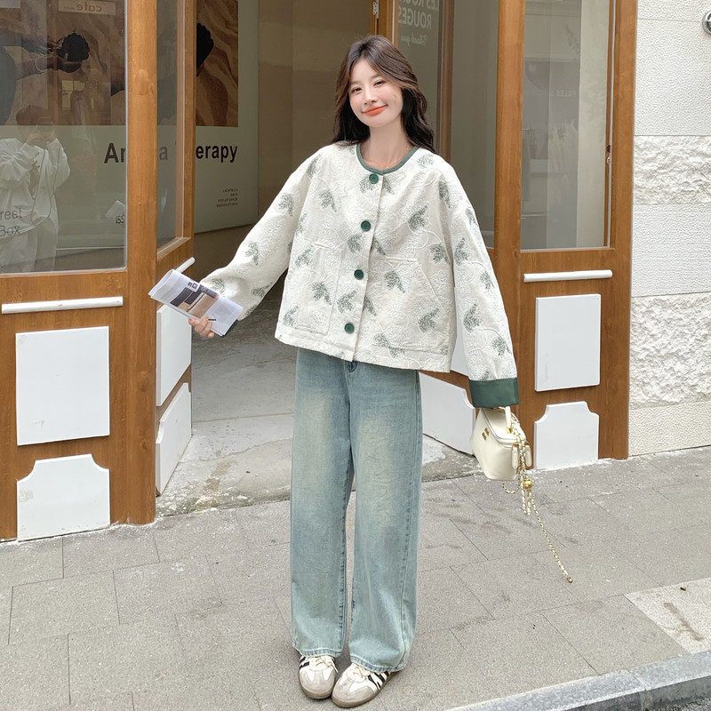 【】新中式复古撞色包边提花圆领短外套2C119-1176-P165-K268,女装短外套,2C119