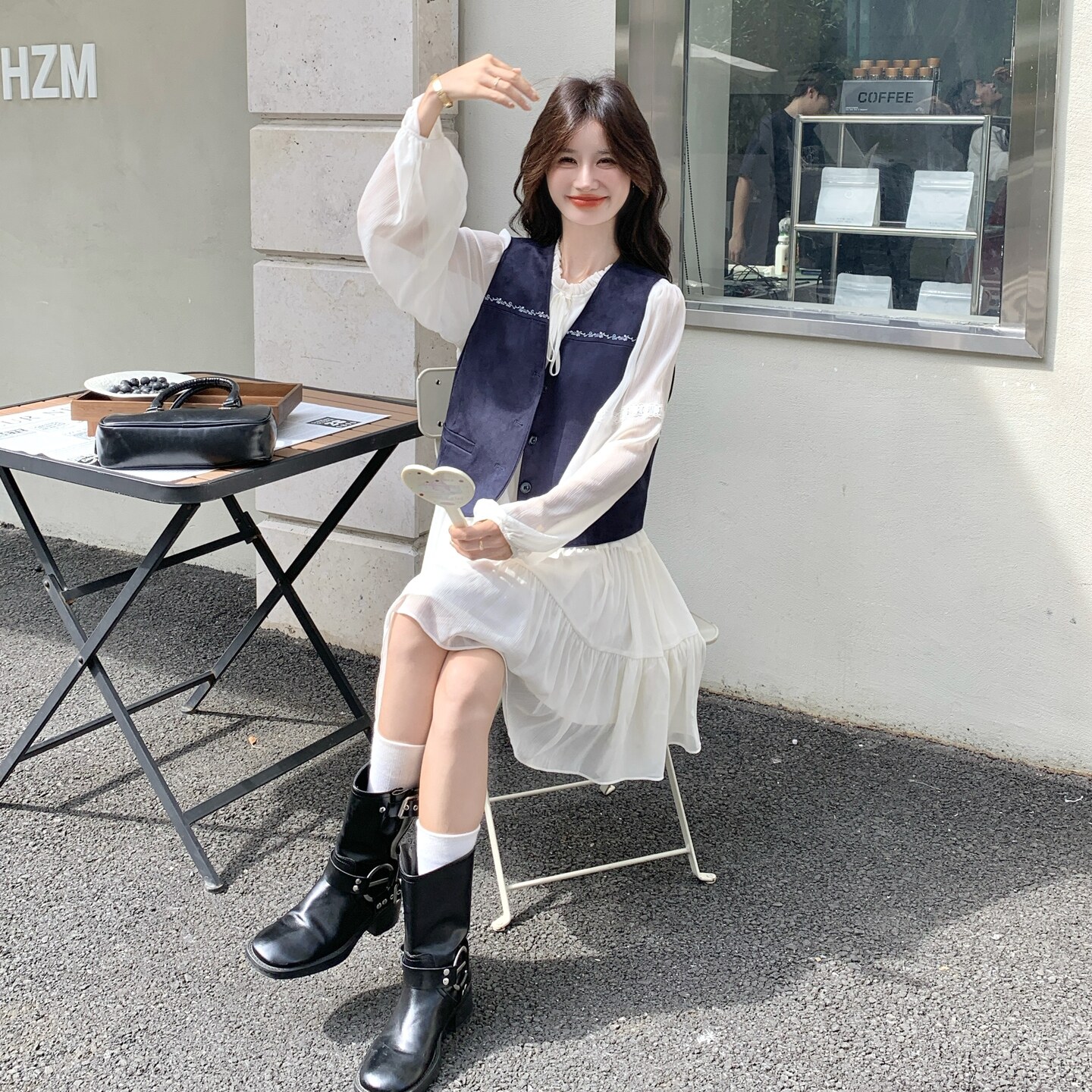 学院风藏青牛仔马甲蕾丝连衣裙两件套2C119-1179-P180-K288,女装连衣裙,2C119