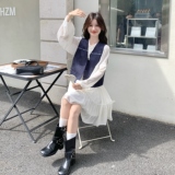 学院风藏青牛仔马甲蕾丝连衣裙两件套2C119-1179-P180-K288，女装连衣裙，2C119