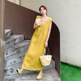 新款现货亚麻V领背心蕾丝钩花拼接连衣裙2C119-2579-P145-K208，女装连衣裙，2C119