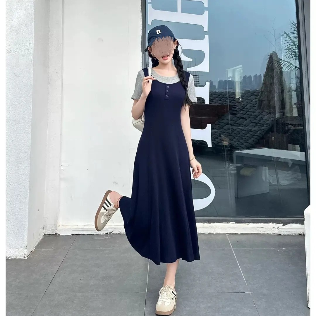 夏季新款时尚气质修身撞色长款连衣裙休闲圆领针织细坑条拼接裙子