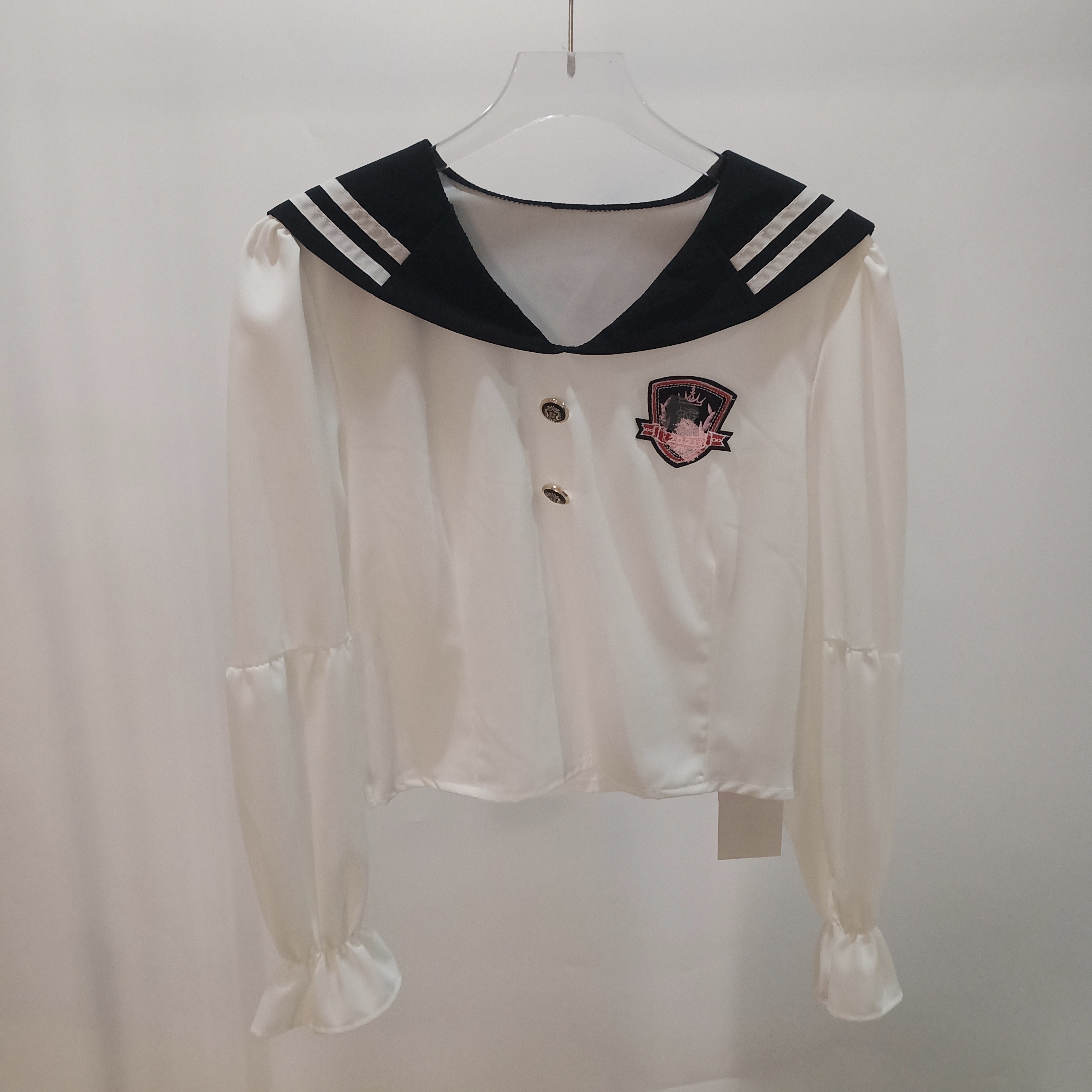 海军领软妹学院风长袖衬衫女减龄JK刺绣布薇章水手领小个短款上衣