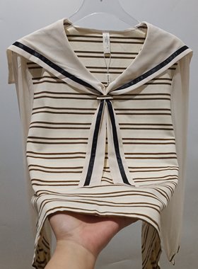 2026新款春秋季针织条纹拼接雪纺衬衫女宽松休闲海军领长袖上衣潮