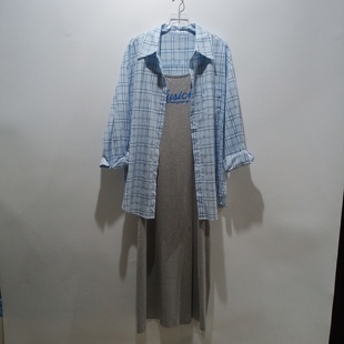 2026年春秋字母印花长款吊带连衣裙+中长款宽松格子衬衫两件套潮