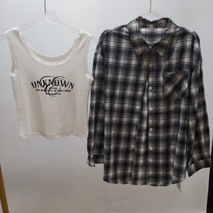 2026春夏季新款宽松长袖格子衬衫女+字母印花蕾丝花边背心两件套