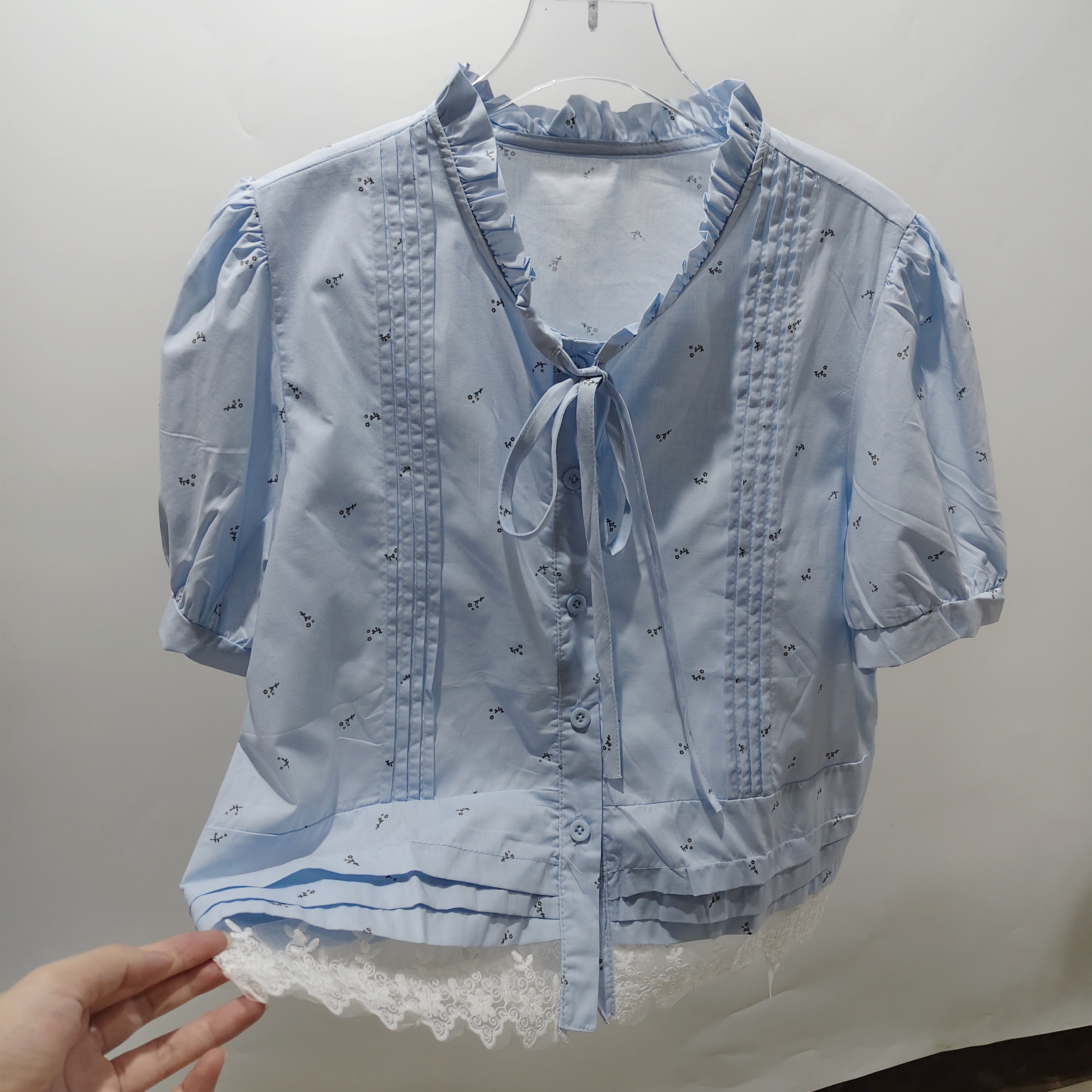 小清新韩系减龄系带压褶短袖上衣女蕾丝边拼接设计感宽松百搭衬衣