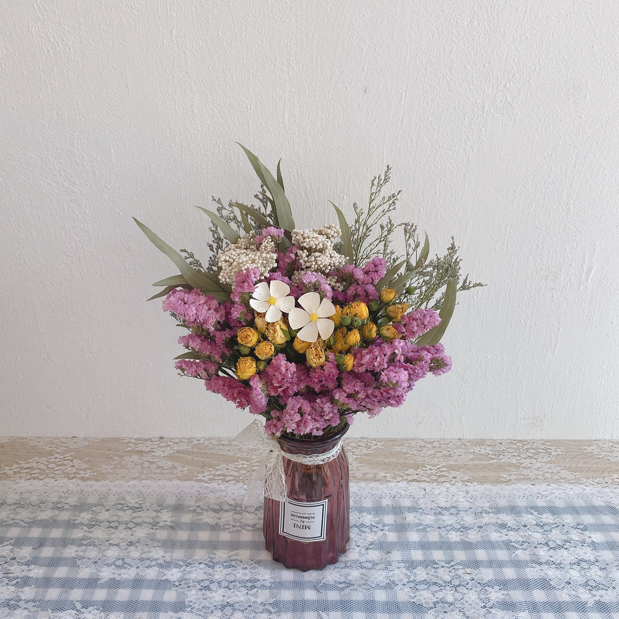 真花多头小玫瑰干花尤加利叶勿忘我雏菊花束家居花瓶百搭插花装饰