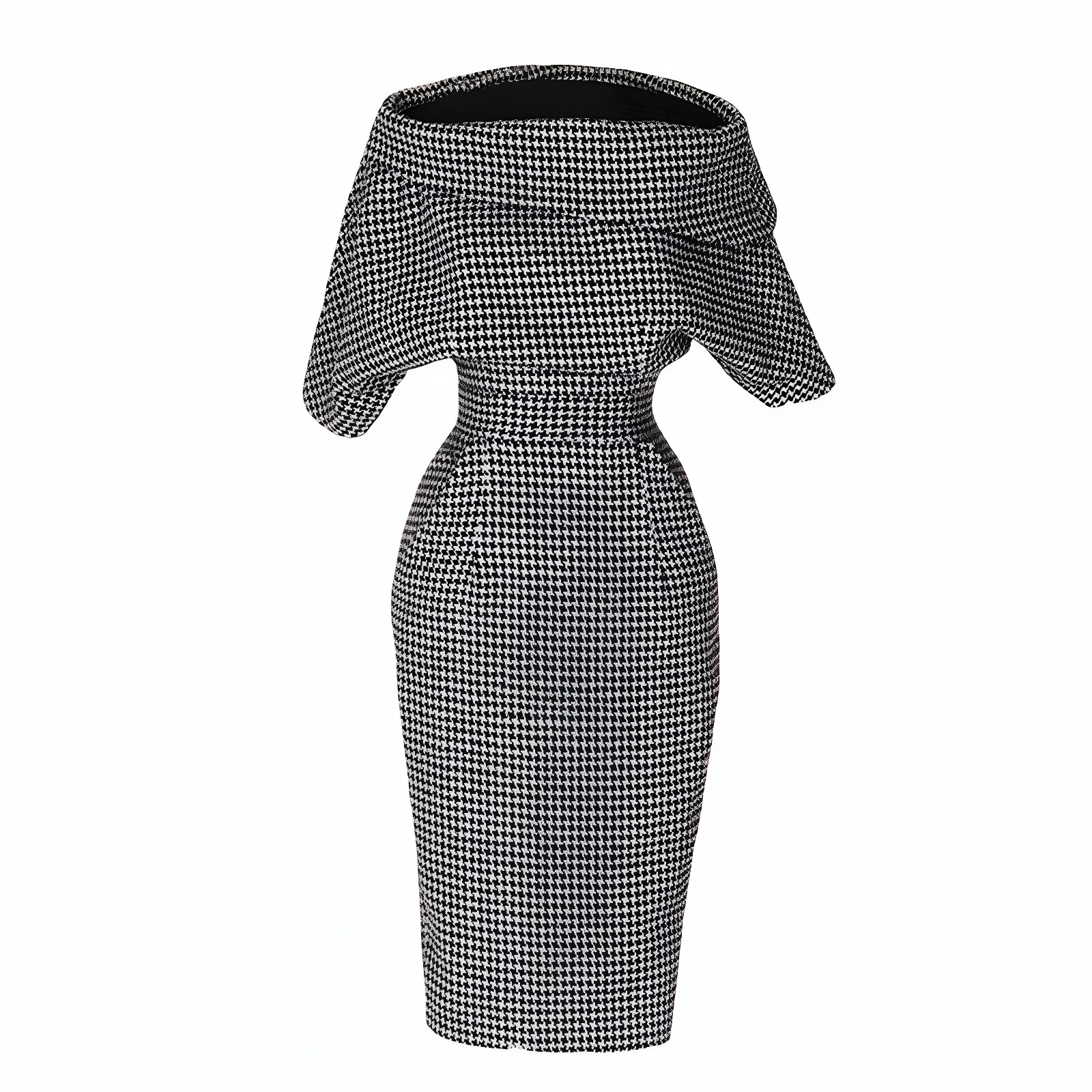 法式复古优雅羊毛连衣裙秋冬气质蝙蝠袖千鸟格一字肩包臀毛呢裙女