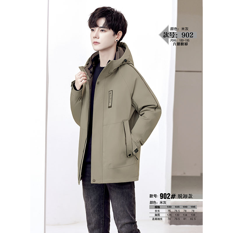 2025新902男中长款羽绒服九半成品年轻款脱卸派克服冬衣皮壳翻新