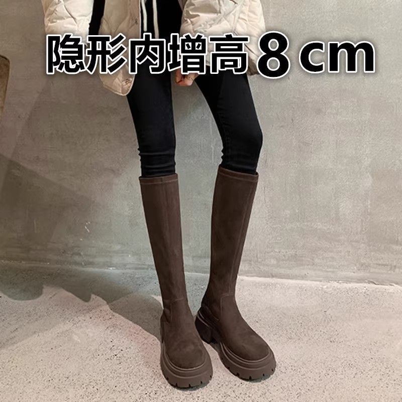内增高长筒靴女2025秋冬季新款棕色厚底小个子瘦瘦弹力绒面骑士靴