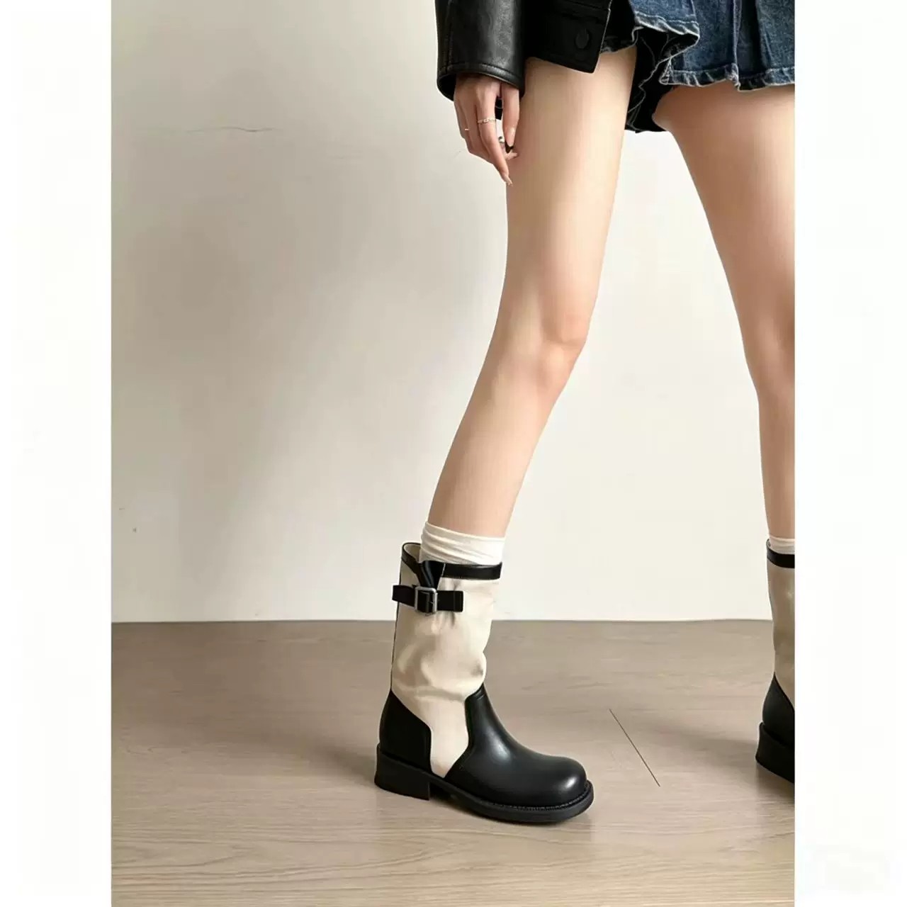 真皮版~韩版撞色皮带扣骑士靴女粗跟工装风时尚短靴配裙子时装靴