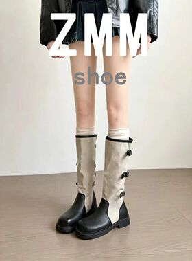 真皮~休闲皮带扣机车靴女短筒时装靴四季百搭骑士靴中跟方头靴子