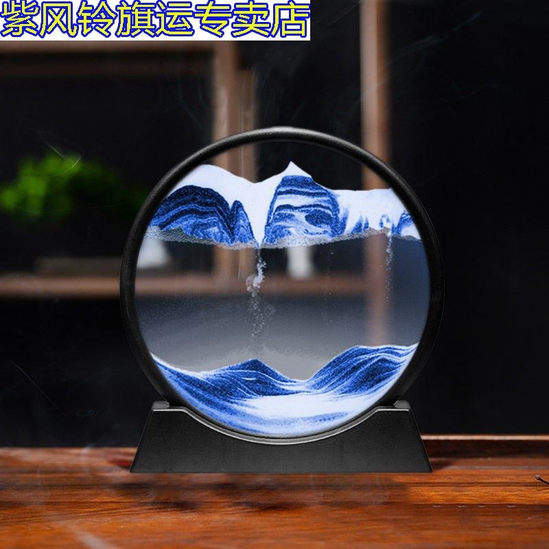 新款简约3D山水流沙画圆形玻璃工艺品沙漏乔迁开业创意礼品摆件