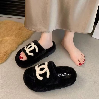 2025冬新款时尚百搭毛毛女露趾半拖鞋外穿懒人一脚蹬厚底休闲潮拖