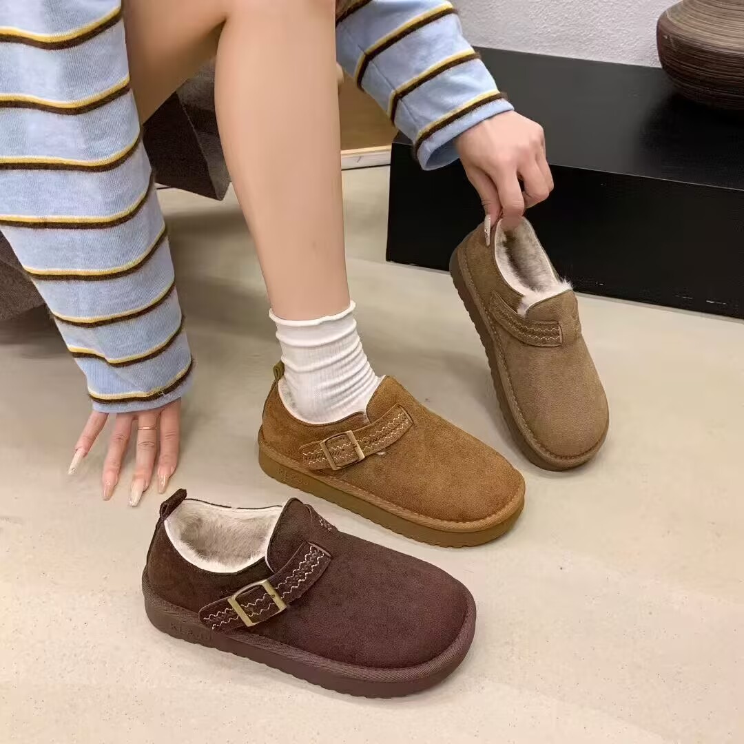 2025秋冬新款加绒勃肯鞋女一脚蹬保暖毛绒棉鞋冬季厚底乐福鞋