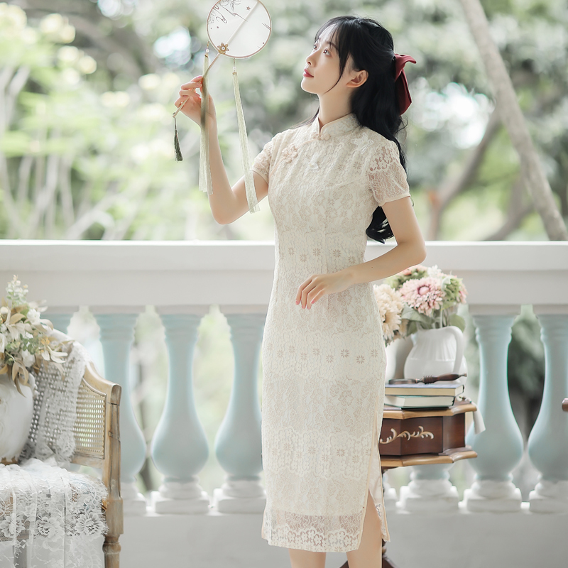 Big picture real photo soft retro lace national style Qipao skirt