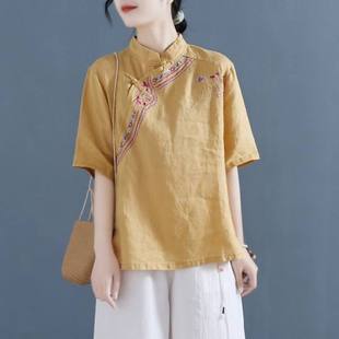 文艺风设计感气质中式 棉麻衬衫 新款 女短袖 盘扣T恤上衣 2024年夏季