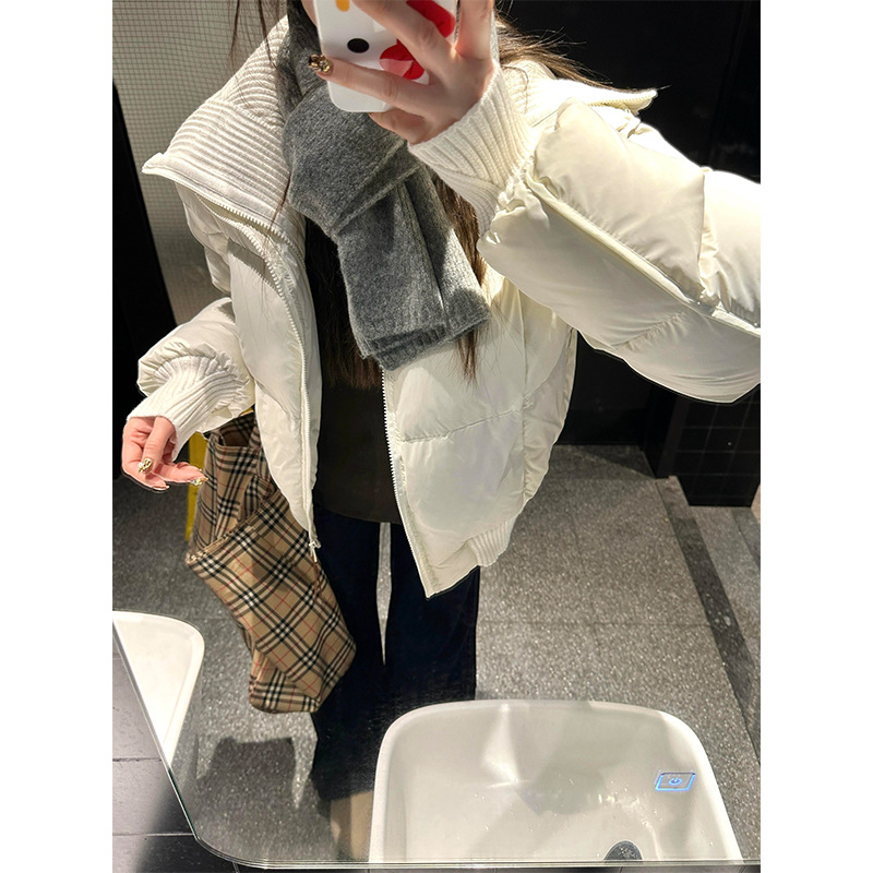 白色针织拼接翻领羽绒棉服女秋冬软糯奶呼呼短款拉链保暖棉衣外套
