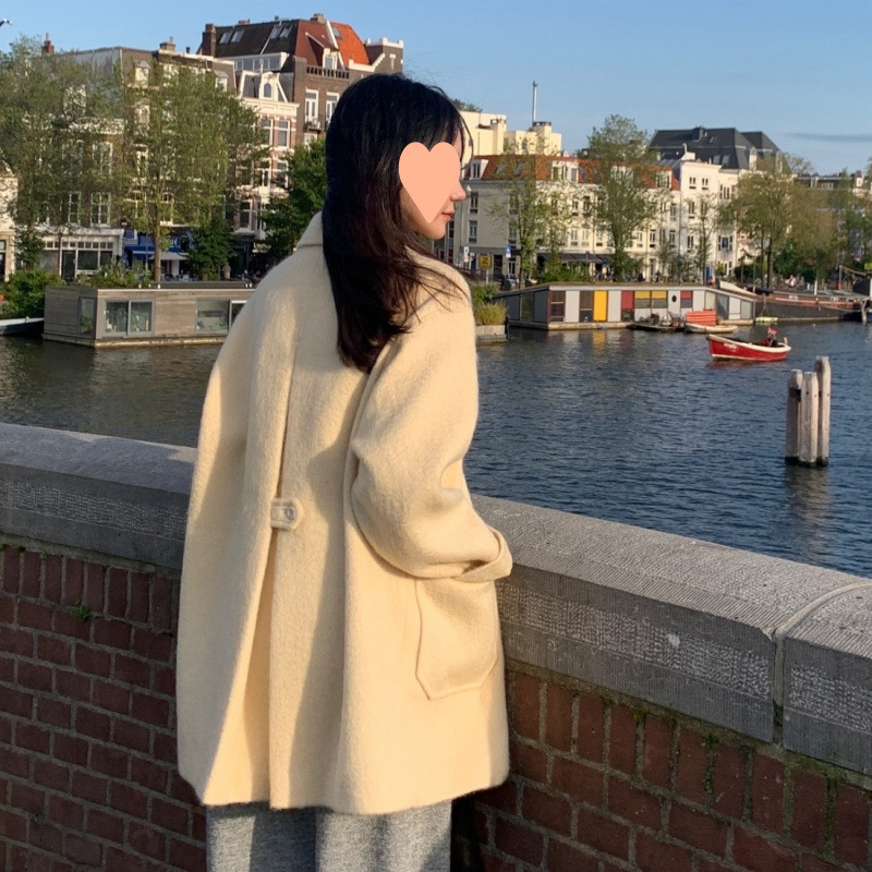 韩国法式复古气质系扣翻领大口袋小个子毛呢外套大衣女