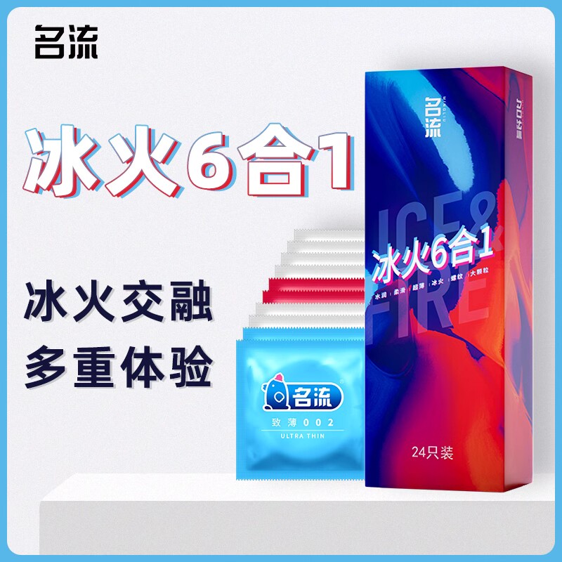 名流避孕套 冰火六合一24只装带刺螺纹大颗粒安全套冰火一体6合1