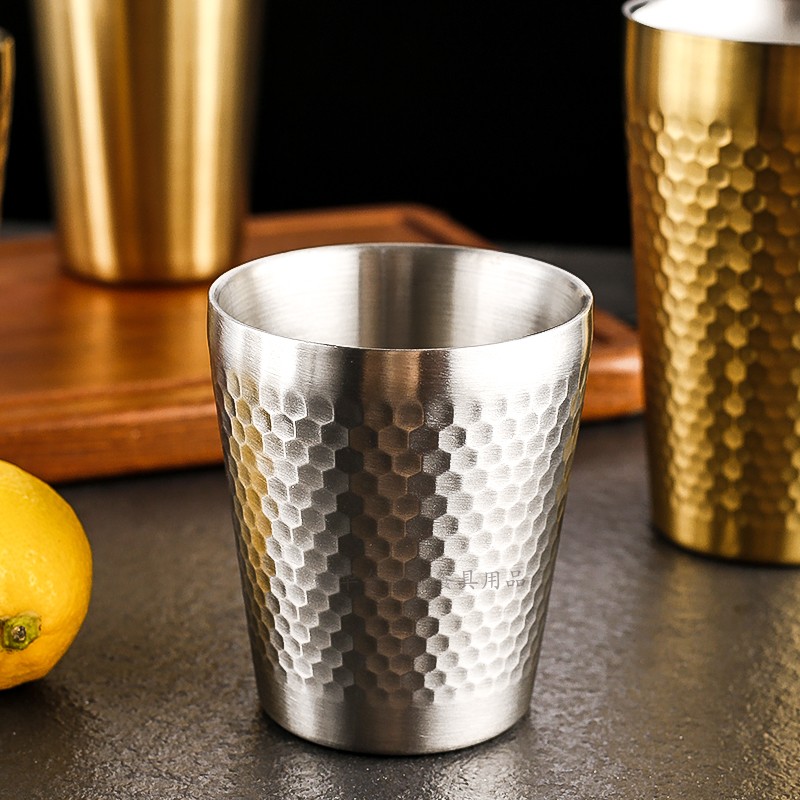 304不锈钢双层果汁杯直身杯锤纹