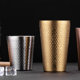 韩式304不锈钢杯啤酒杯锤纹加厚双层防烫水杯防摔餐厅果汁杯茶杯