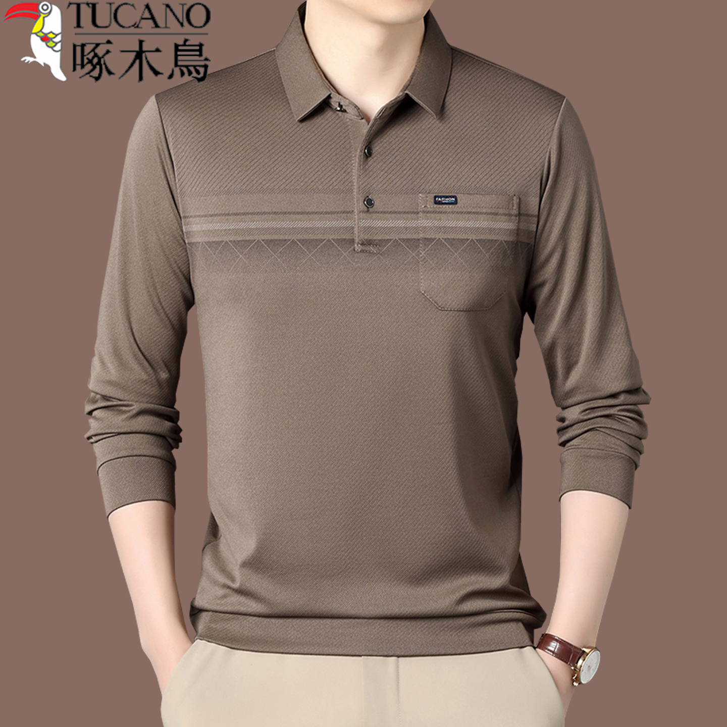 啄木鸟春秋男t恤长袖中老年爸爸装真口袋翻领纯棉体恤上衣polo衫