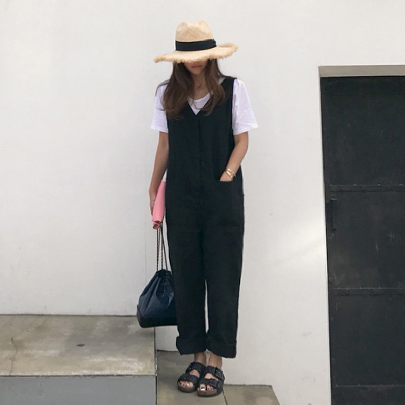 妍容春季新款显瘦亚麻料背心连身裤宽松大码休闲女裤九分裤背带裤