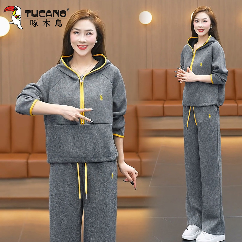 啄木鸟连帽半拉链卫衣运动套装女2025新款韩系时尚休闲宽松两件套