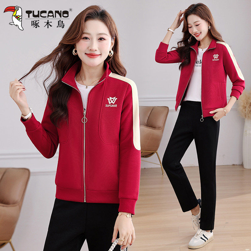 啄木鸟红色运动服套装女款2026新款春秋小个子减龄开衫卫衣三件套
