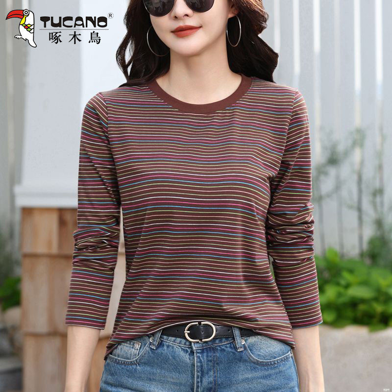 啄木鳥春秋圆领条纹长袖T恤新款女士宽松减龄洋气内搭打底衫上衣T