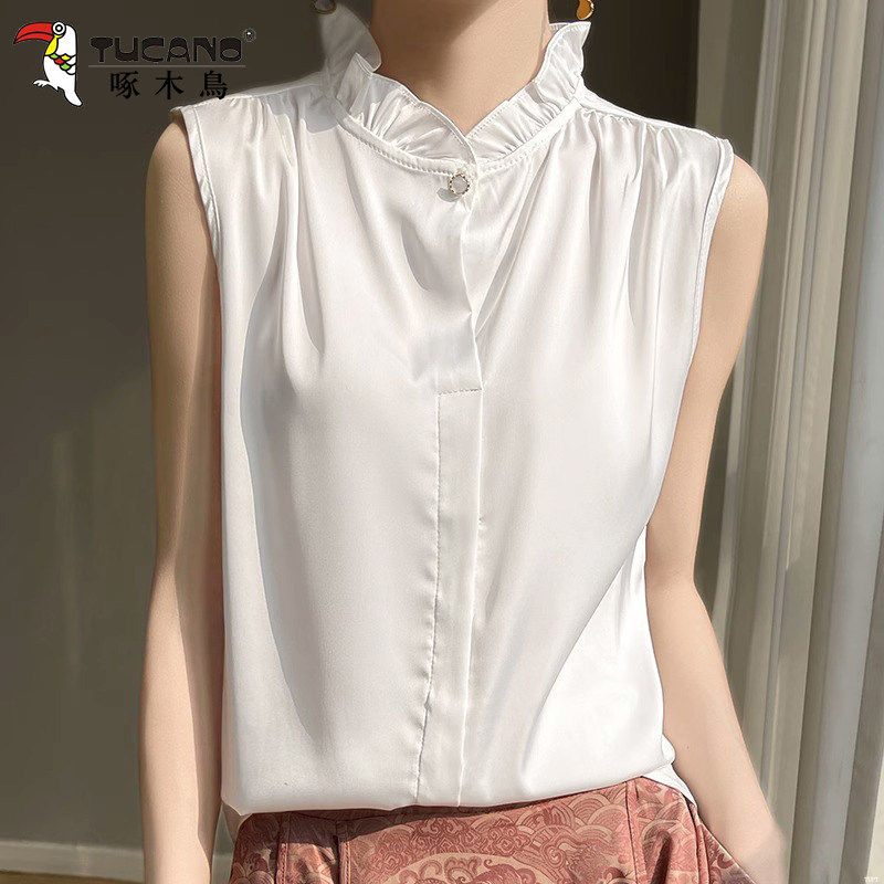 啄木鸟法式女无袖木耳领打底2026夏季新款内搭荷叶衬衫高级感背心