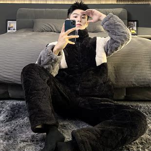 加厚睡衣三层夹棉保暖可外穿家居服 男士 冬季 22504三色拼 大码