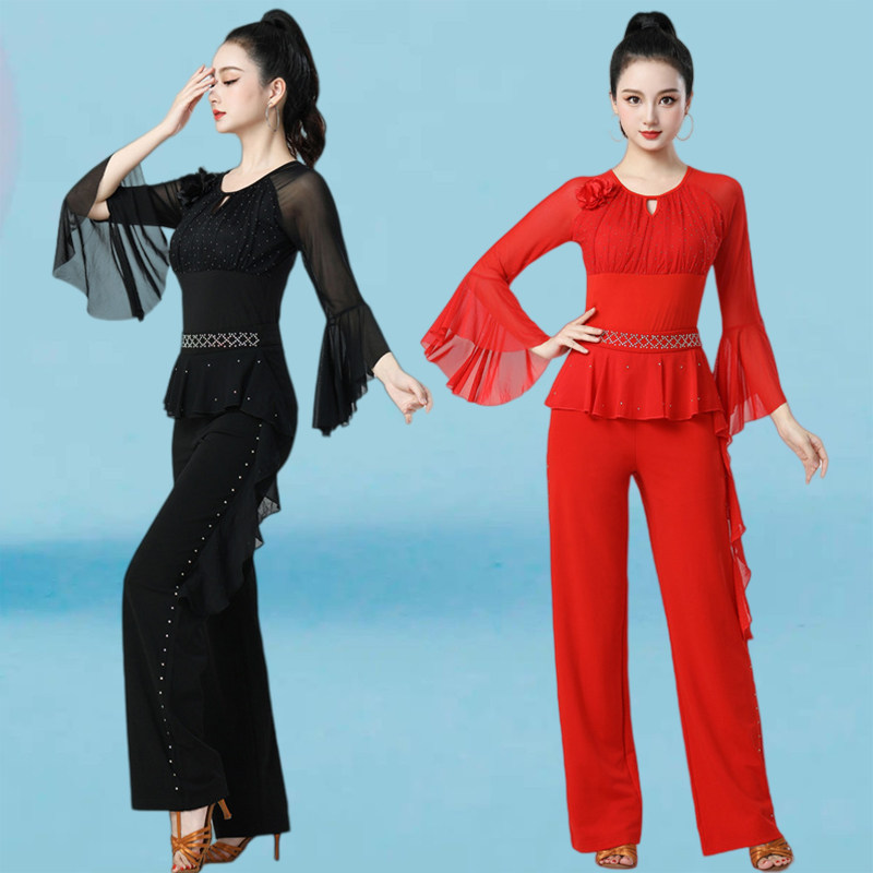 新款广场舞服装女飞飞袖镶钻上衣荷叶边舞蹈裤子吉特巴演出服套装