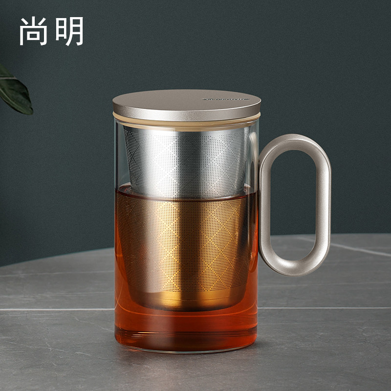 尚明玻璃带盖把手办公室泡茶杯