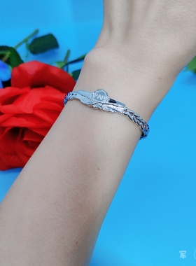 军旅通体925银实心手镯雕刻麦穗开口手链军恋情侣朋友礼物