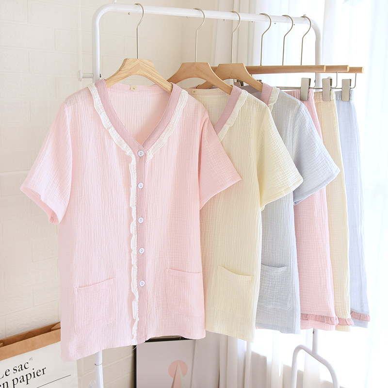 夏季纯棉双层纱布睡衣女半袖七分裤套装绉布棉纱短袖中裤开衫拼色,女士内衣/男士内衣/家居服,睡裤/家居裤,淘宝优惠券,粉丝福利购,淘宝优惠卷