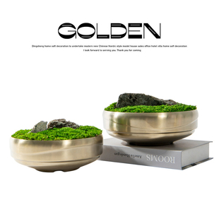 金色花盆仿真绿植盆栽摆件新中式青苔盆景售楼处洽谈桌茶台装饰