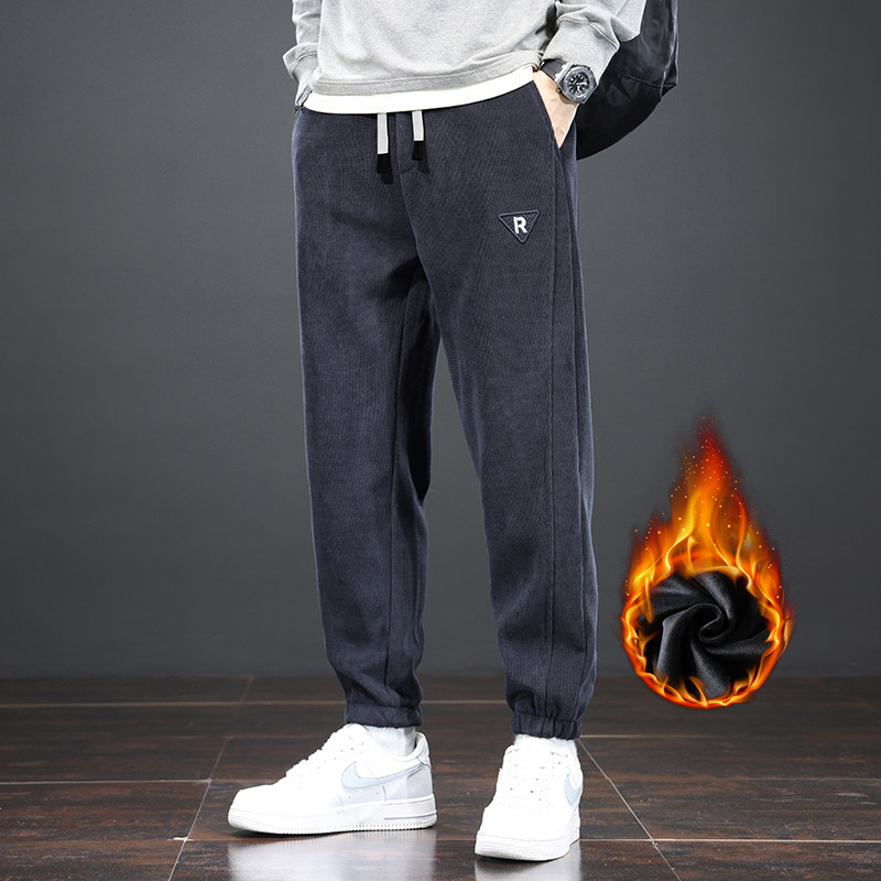 干活穿的裤子男秋冬季加绒加厚灯芯绒耐脏耐磨工装束脚休闲卫裤