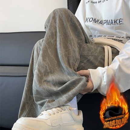 扎染灯芯绒裤子男秋冬季潮牌加绒加厚宽松直筒运动阔腿休闲长裤男