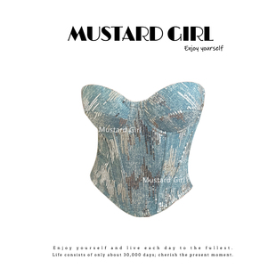 辣妹重工亮片带胸垫抹胸背心女秋内搭鱼骨修身绑带牛仔蓝复古上衣