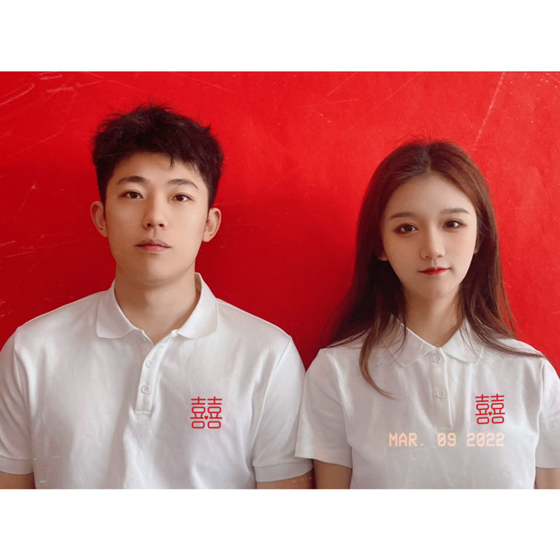 适合拍结婚证件照片上衣服装男女情侣装领证登记短袖polo衫白色夏