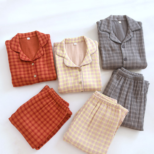 加厚秋冬睡衣女纯棉四层纱布情侣长袖套装100%全棉家居服男士套装