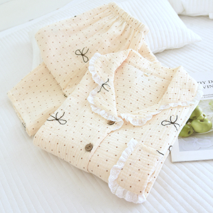 花边纯棉双层纱布家居服 套装 100%全棉睡衣女春秋2026新款 薄夏长袖