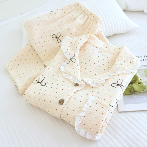 100%全棉睡衣女春秋2026新款薄夏长袖套装花边纯棉双层纱布家居服